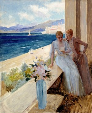 The Artist's Wife And Emilie Von Etter On The Balcony In Cannes by Albert Edelfelt Oil Painting
