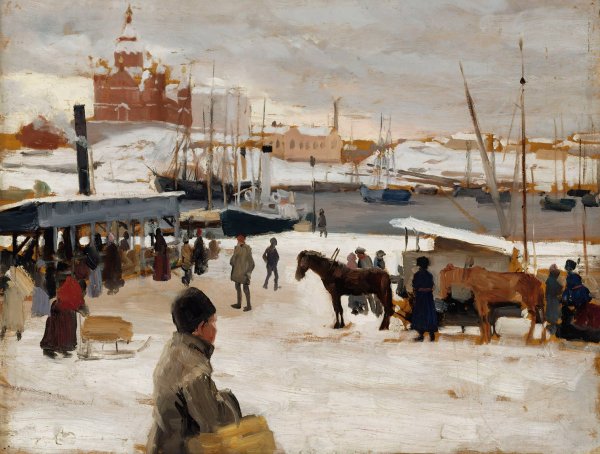 Winter Day In Helsinki Market Square, Study  by Albert Edelfelt - Hand-Painted Oil Painting Reproduction