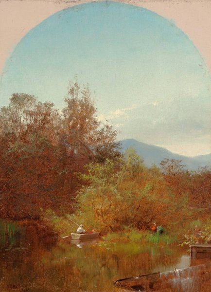 Lake Scene with Fisherman  by Albert Fitch Bellows - Hand-Painted Oil Painting Reproduction