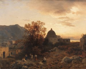 Abendstimmung an der italienischen Kuste mit tanzenden Figuren by Albert Flamm Oil Painting