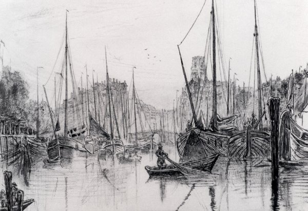 Main Product Photo of Moored Boats In Rotterdam Painting by Albert Goodwin