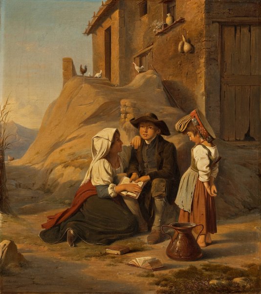A Young Abbate Recites His Lesson To His Sister  by Albert Kuchler - Hand-Painted Oil Painting Reproduction