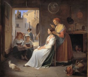 A Young Italian Woman being Adorned by her Mother by Albert Kuchler Oil Painting
