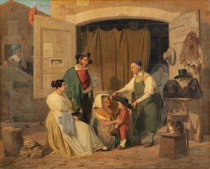 Roman Peasants Buying A Hat For Their Little Son, Who Is To Be An Abbate by Albert Kuchler Oil Painting