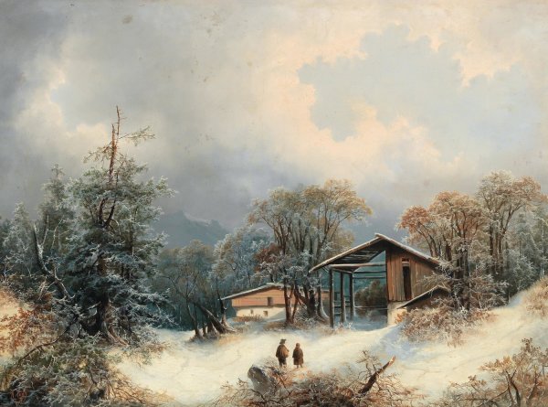 Winter Landscape With Decorative Figures by Albert Lang - Hand-Painted Oil Painting Reproduction