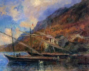 Boats by the Banks of Lake Geneva at Saint-Gingolph by Albert Lebourg Oil Painting