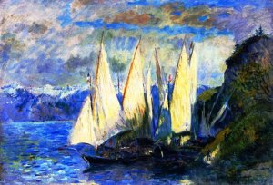 Boats with Large Sails on the Lac Leman at Meillerie in Haute-Savoie by Albert Lebourg Oil Painting