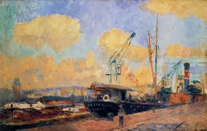 Steamers and Barges in the Port of Rouen, Sunset by Albert Lebourg - Oil Painting Reproduction