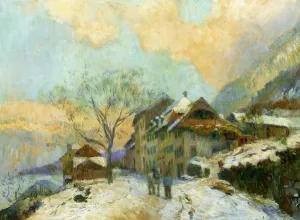 The Banks of Lake Geneva at Saint-Gingolph, in winter, with Snowy Weather painting by Albert Lebourg