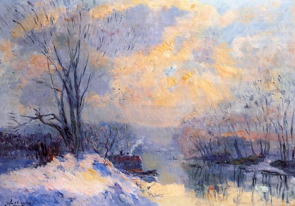 Main Product Photo of The Small Branch of the Seine at Bas Meudon, Snow and Sunlight Painting by Albert Lebourg