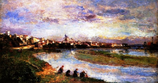 Washerwomen with Pont-du-Chateau by Albert Lebourg - Hand-Painted Oil Painting Reproduction
