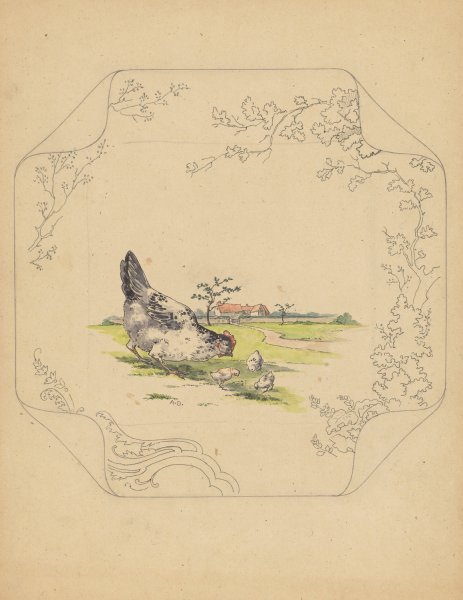 Ontwerp voor bord van het model 'Square' met een hen en drie kuikens  by Albert Louis Dammouse - Hand-Painted Oil Painting Reproduction