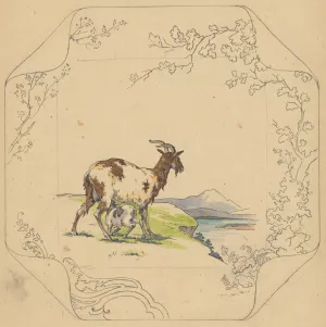Ontwerp voor bord van het model 'Square' met een zogende geit by Albert Louis Dammouse Oil Painting