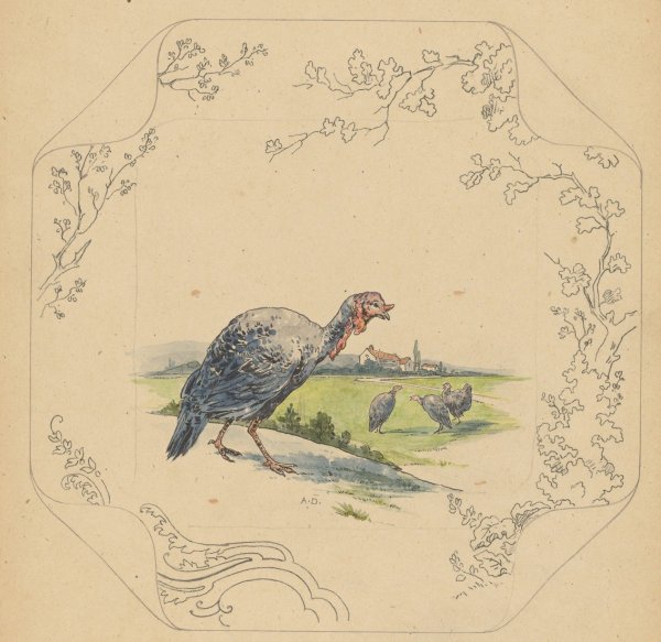 Ontwerp voor bord van het model 'Square' met kalkoenen  by Albert Louis Dammouse - Hand-Painted Oil Painting Reproduction