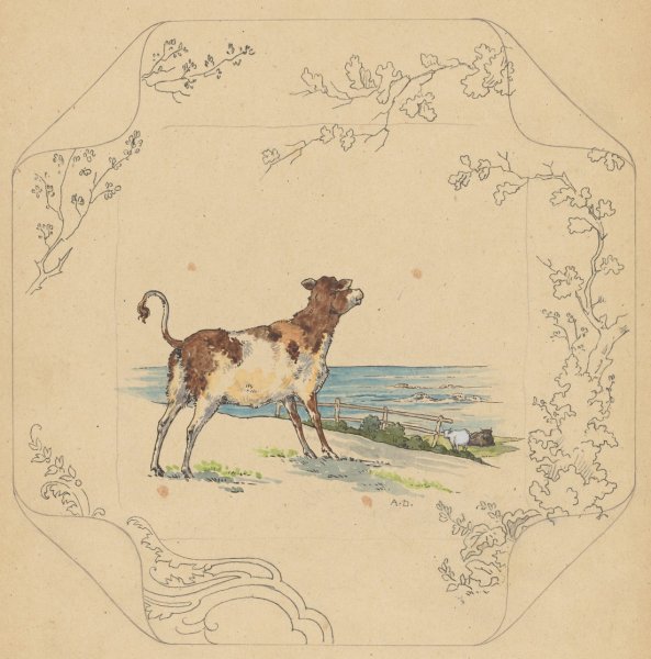 Ontwerp voor bord van het model 'Square' met koeien aan zee  by Albert Louis Dammouse - Hand-Painted Oil Painting Reproduction