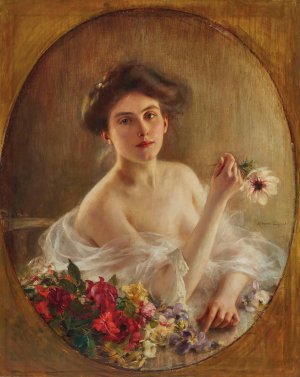 Portrait of a young woman with flowers by Albert Lynch Oil Painting