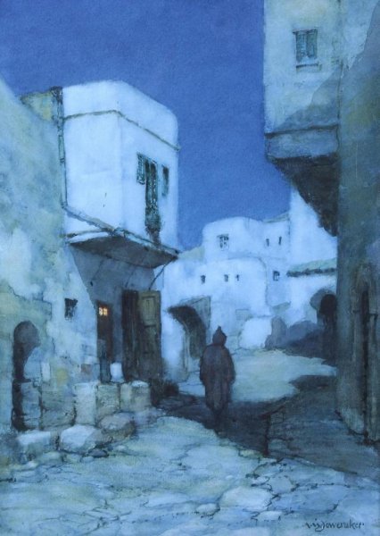 Main Product Photo of A Moonlit Street, North Africa Painting by Albert Moulton Foweraker