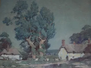 Devon Cottages at Twilight by Albert Moulton Foweraker Oil Painting