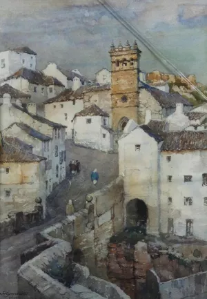 Spanish Town with Figures Before a Church by Albert Moulton Foweraker - Oil Painting Reproduction