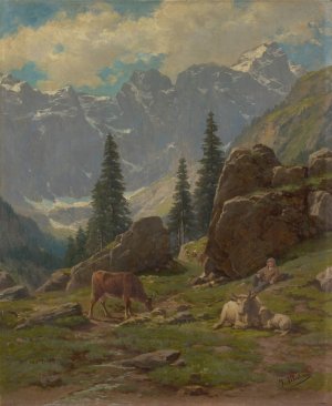 The Brunni-Valley at Unterschachen in the Canton of Uri by Albert Muller Oil Painting