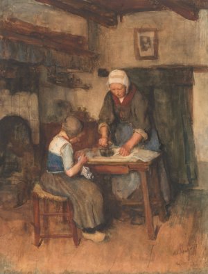 Interieur met strijkende vrouw en naaiend kind by Albert Neuhuys Oil Painting