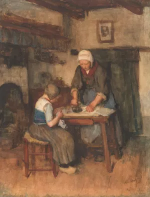 Interieur met strijkende vrouw en naaiend kind by Albert Neuhuys Oil Painting