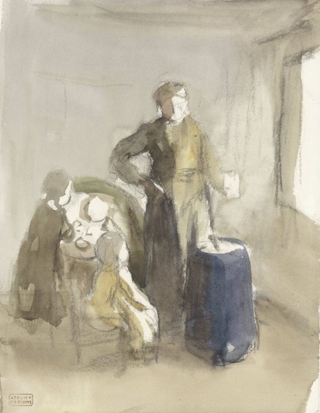 Main Product Photo of Interieur met vrouw en kinderen bij een karnton  Painting by Albert Neuhuys