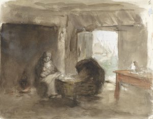 Vrouw met kind bij een wieg by Albert Neuhuys Oil Painting