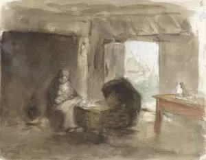 Vrouw met kind bij een wieg by Albert Neuhuys Oil Painting