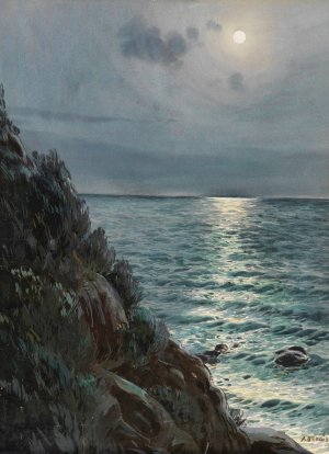 Seashore under a full moon by Albert Nikolaevich Benois Oil Painting