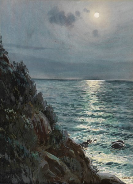 Seashore under a full moon  by Albert Nikolaevich Benois - Hand-Painted Oil Painting Reproduction