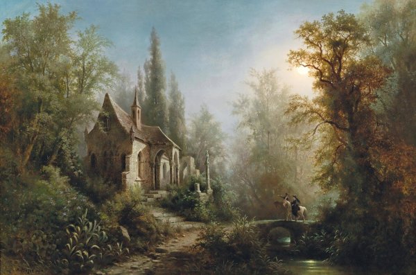 A Moonlit Night Over A Chapel And Riders by Albert Rieger - Hand-Painted Oil Painting Reproduction