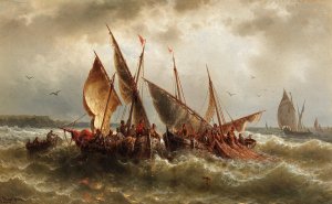 Fishermen at Work by Albert Rieger Oil Painting
