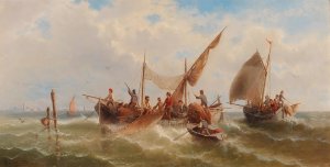 Fishing Boats Against A Venetian Silhouette by Albert Rieger Oil Painting