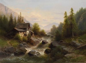 Landschaft mit Wassermuhle im Berner Oberland by Albert Rieger Oil Painting