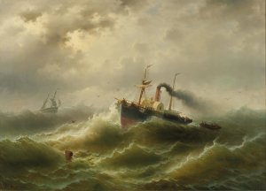 Steamboat In A Storm On The North Sea by Albert Rieger Oil Painting