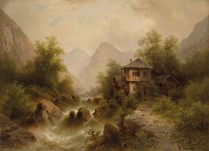 Wasserfall Mit Muhle by Albert Rieger Oil Painting