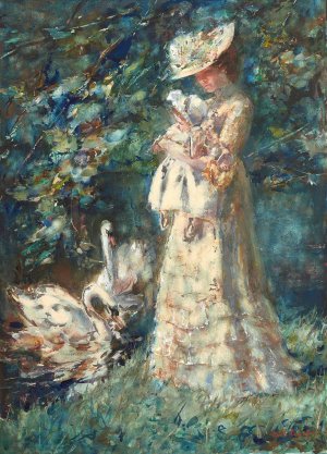 Feeding the Swans, the Artist's Wife Tjieke and their Daughter Albertine by Albert Roelofs Oil Painting