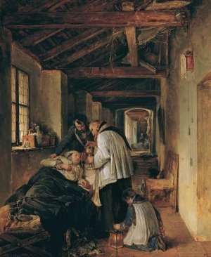 Einem verwundeten Offizier wird die letzte Olung erteilt by Albert Schindler Oil Painting