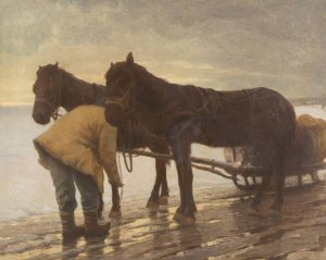 Farmer with horse carriage in winter landscape by Albert Stagura Oil Painting