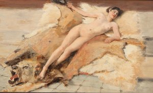 Female Nude on a Lion Pelt by Albert Von Keller Oil Painting
