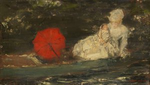 Frau und Kind im Freien mit rotem Parasol by Albert Von Keller Oil Painting