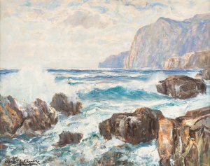 Breakers on a rocky coast by Albert Wenk Oil Painting
