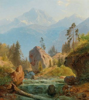 A Mountain Landscape With Creek by Albert Zimmermann Oil Painting