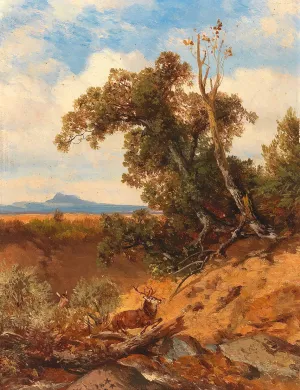 Fleeing Stag In The Foothills Of The Alps by Albert Zimmermann Oil Painting