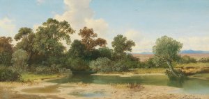 Open Landscape With The Alpine Foothills And Stream by Albert Zimmermann Oil Painting