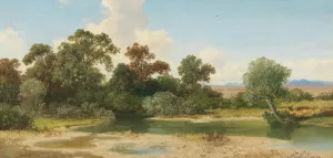 Open Landscape With The Alpine Foothills And Stream by Albert Zimmermann Oil Painting