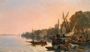 A Ferry On The Nile by Alberto Pasini Oil Painting