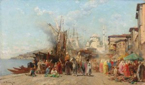 A Market before Nusretiye Camii Mosque in Tophane, Constantinople by Alberto Pasini Oil Painting