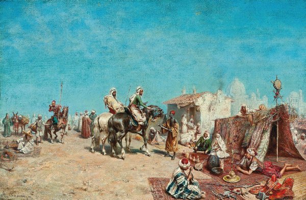 Main Product Photo of Arab merchants at a market by the city walls Painting by Alberto Pasini
